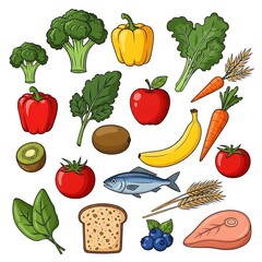 Healthy Food Variety - Fruits, Vegetables, Protein, and Grains for Balanced Diet.