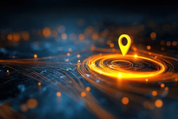 Glowing location pin, emanating light rays & data points, conveying connection & digital presence