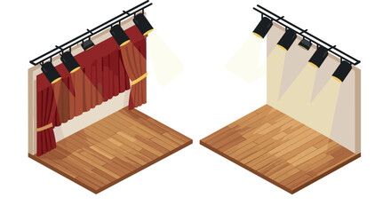 Isometric theater stage with curtains and spotlights set on wooden floor