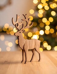 Wooden Christmas Reindeer Ornament Bokeh Golden Lights Blurred Fir Tree Festive Glow Shallow Depth Field Wooden Tabletop