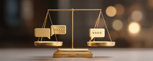 A golden scale balances two chat bubbles, representing communication and decision making