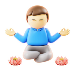 Calm 3D Man Meditating in Lotus Pose With Eyes Closed Between Two Pink Lotus Flowers Against Transparent Background