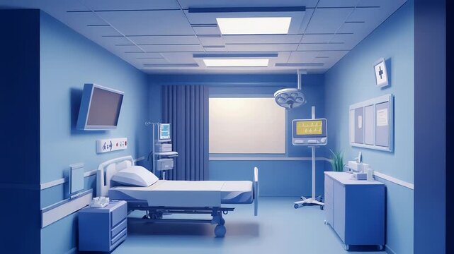 Hospital room with empty bed and medical equipment