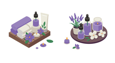 Relaxing spa set with essential oils, candles, and lavender flowers in isometric style