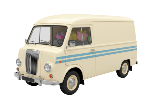 Vintage cream delivery van with blue stripes isolated, classic vehicle filled with colorful gift boxes for holiday season