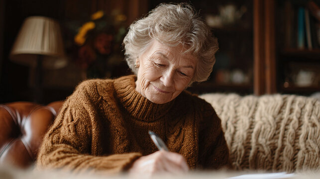 A thoughtful senior woman writes a letter in a cozy, warm setting. Represents nostalgia, memories, communication, and legacy. Ideal for themes of family, aging, and reflection.
