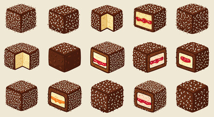 Grid of square chocolatecovered cakes with sprinkles some showing fillings