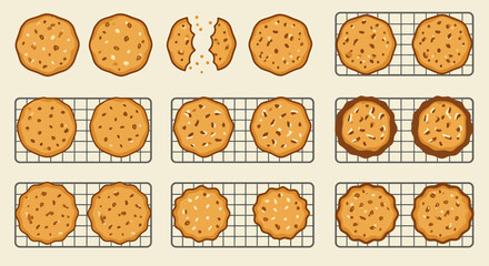 Illustration of various stages and styles of oatmealnut cookies on cooling racks