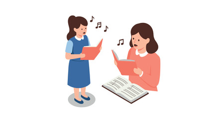 Mother and daughter singing together with open books in minimalist style