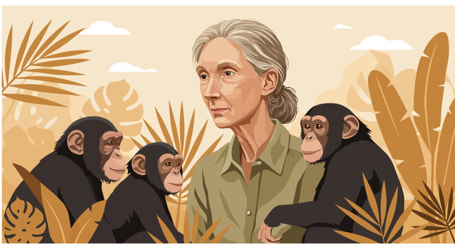 Jane Goodall with Chimpanzees in a Lush Jungle Setting Inspiring Wildlife Conservation and Environmental Protection Education and Awareness Initiatives Worldwide