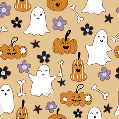 Floral Pumpkin Pattern Halloween Pumpkin Background.seamless Halloween pattern with pumpkin 