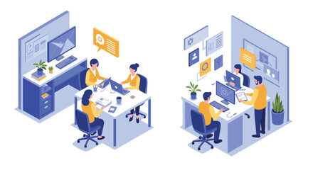 Obraz premium Modern isometric office space with diverse teams collaborating