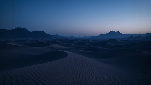 Tranquil desert scene captured during blue hour with smooth dunes