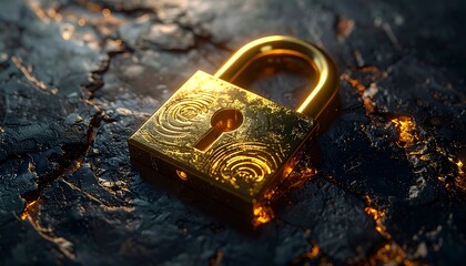 Golden Padlock on Cracked Surface Protection and Security