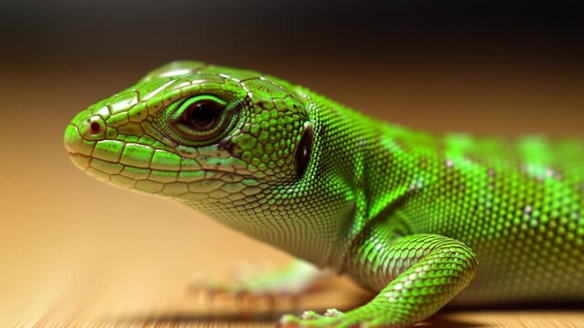 Green lizard macro image on a wood surface for scientific or educational content