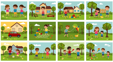 Fototapeta premium Twelve panels show diverse children playing various outdoor games in grassy yards