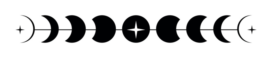Black moon phases with starburst elements minimalist geometric vector design isolated on transparent background spiritual celestial boho style decorative line art tattoo clipart symbol set