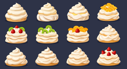 Twelve stylized illustrations of meringue desserts with various fruit toppings