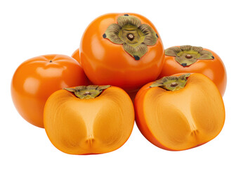 Pile of vibrant orange persimmon fruits isolated, whole and halved, on no background, a healthy and delicious autumn harvest