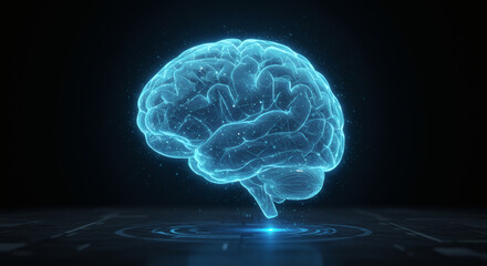 Dynamic Wireframe Human Brain Hologram Illuminating a Digital Pedestal, Symbolizing Artificial Intelligence, Cognitive Computing, and Neuroscience in a Futuristic Tech Concept