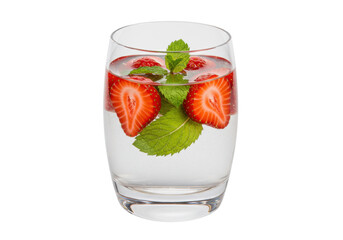 Refreshing strawberry water with mint in a glass isolated on transparent background, healthy summer drink PNG
