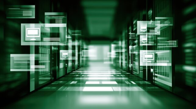Data flow in a server room technology hub digital graphics futuristic environment perspective view virtual connectivity