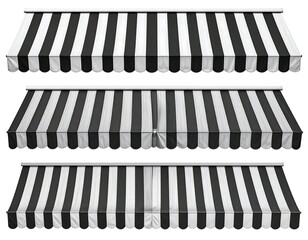 Three awnings, black and white striped, on a white background