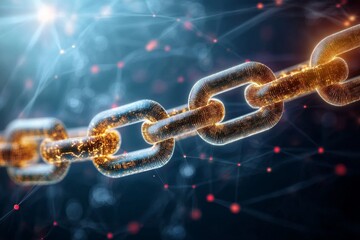 Glowing Chain Links Over Digital Network Illustration Representing Security and Technology