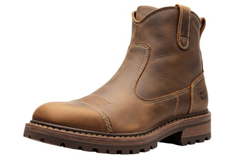 Brown leather work boot isolated on white, durable footwear for construction and outdoor activities