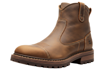 Brown leather work boot isolated on white, durable footwear for construction and outdoor activities