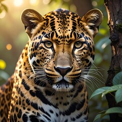 Obraz premium A striking leopard, with distinct spots and focused eyes, gazes directly at the viewer. The sun filters through the surrounding foliage