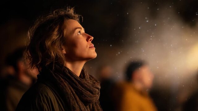 A thoughtful woman gazes upwards in a softly lit environment, symbolizing reflection and connection to the universe. The image captures wonder and a sense of belonging in the moment.