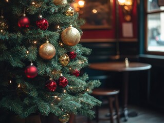 Christmas tree with gold red ornaments in English pub corner, beside vintage wooden tables, natural lighting highlighting textures, ideal for holiday marketing and social media.