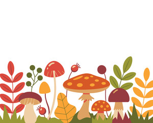 Whimsical autumn forest floor with colorful mushrooms and leaves