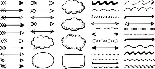 Collection of hand drawn arrows speech bubbles and decorative line elements for design