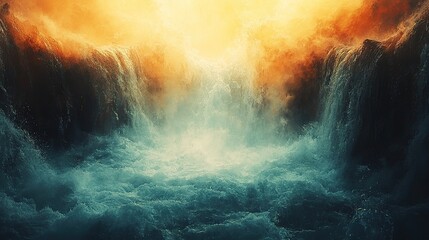 Surreal Waterfall Scene Fiery Light Above Turbulent Blue Flow Below Dramatic Contrast Evokes Divine Intervention Awe Fantasy Landscape Imagery