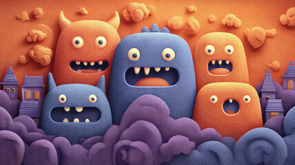 Cute colorful monster characters with textured surface and clouds