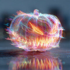 Glowing neon pumpkin with scary face and fiery eyes reflection