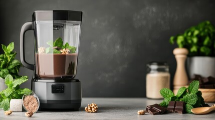Healthy Chocolate Mint Smoothie Preparation: Blender with Ingredients on Kitchen Counter, Dark Chocolate, Walnuts, Mint Leaves, Cocoa Powder, Healthy Eating