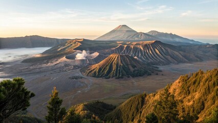 Wide Landscape of Mount Bromo Volcano in East Java Indonesia at Sunrise for Travel Concept