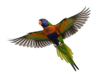 Isolated lorikeet flying spreading wings, beautiful colorful australian parrot animal