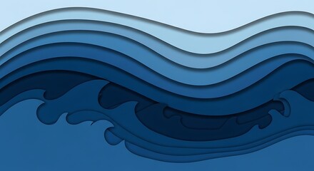 Dynamic abstract blue waves background illustration with a layered paper cut effect, creating a modern flowing water pattern and deep sea atmosphere