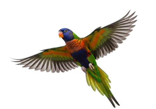 Isolated lorikeet flying spreading wings, beautiful colorful australian parrot animal