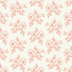 Elegant vintage-style seamless pattern featuring delicate hand-drawn floral bouquets with leaves and blossoms in soft coral on a cream background. Square social media Easter banner template