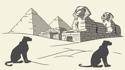Black Panthers Guarding Ancient Egyptian Pyramids and Sphinx in Desert. Historical Travel and Cultural Education Illustration.