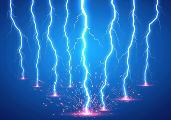 Striking Electric Blue Lightnings Illustrating Power, Energy Displays Array of Powerful Voltages Emanating from Electrical Storms Over Dark Background