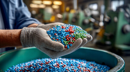Hands holding colorful plastic pellets in a manufacturing setting.