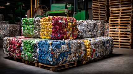 Colorful bales of recycled aluminum cans stacked on wooden pallets in a recycling facility.