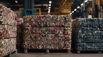 Recycled materials stacked in a warehouse