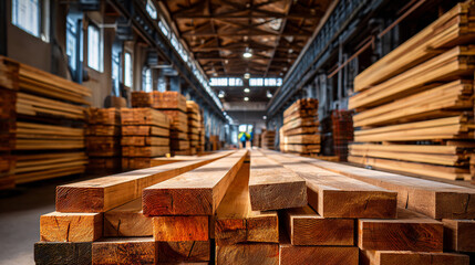 Lumberyard interior filled with stacks of freshly cut wooden beams.